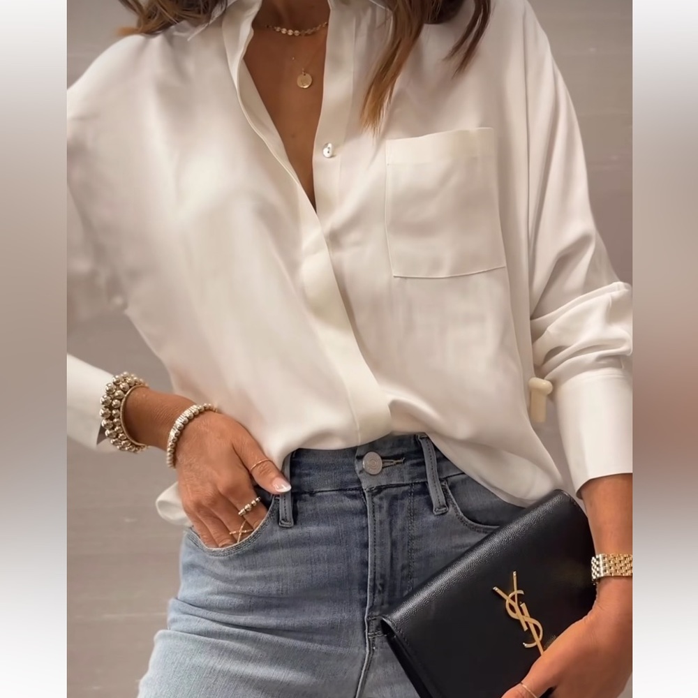 Get the look! Brand new champagne-colored “silk” blouse!
NWT!